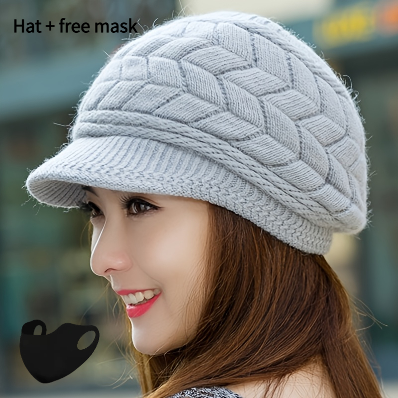 TEMU 2pcs Set, 1pc Beanie And 1pc Mask Women's Winter Warm Hat With Brim Cable Vintage Newsboy Hat Outdoor Riding Hat-with Visor