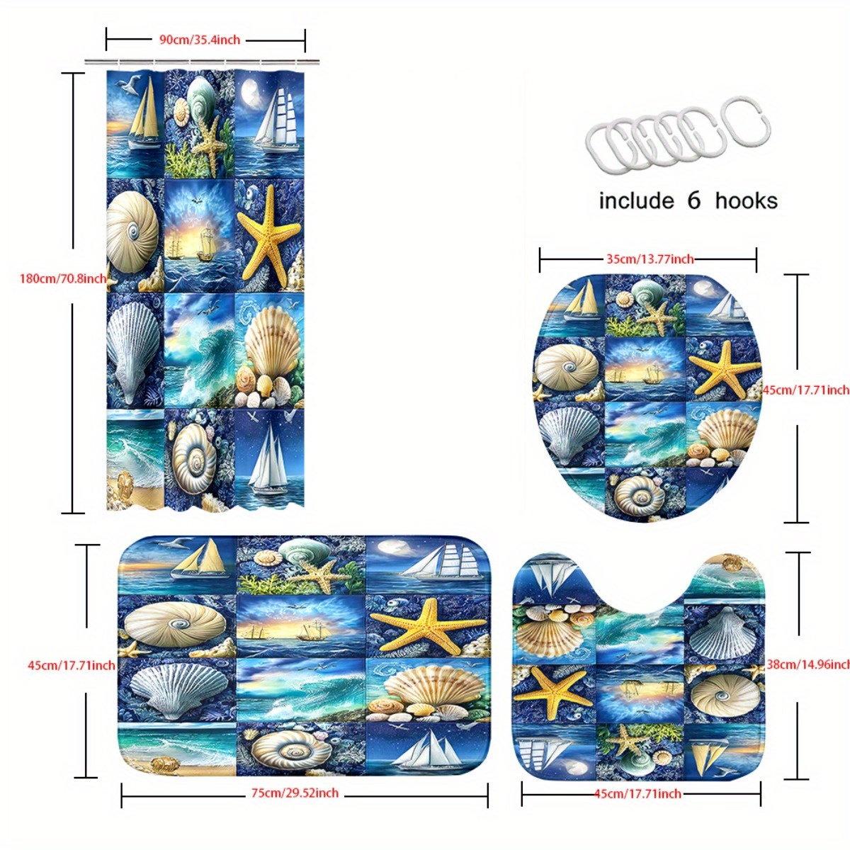 Seashells and Stars Pattern Shower Curtain Set, 4pcs