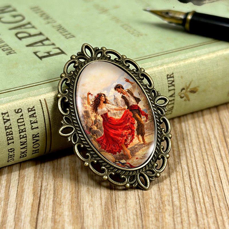TEMU 1pc Oil Painting Brooch Oval Lace- Glass Brooches Clothing Backpack Accessory Ideal Gift