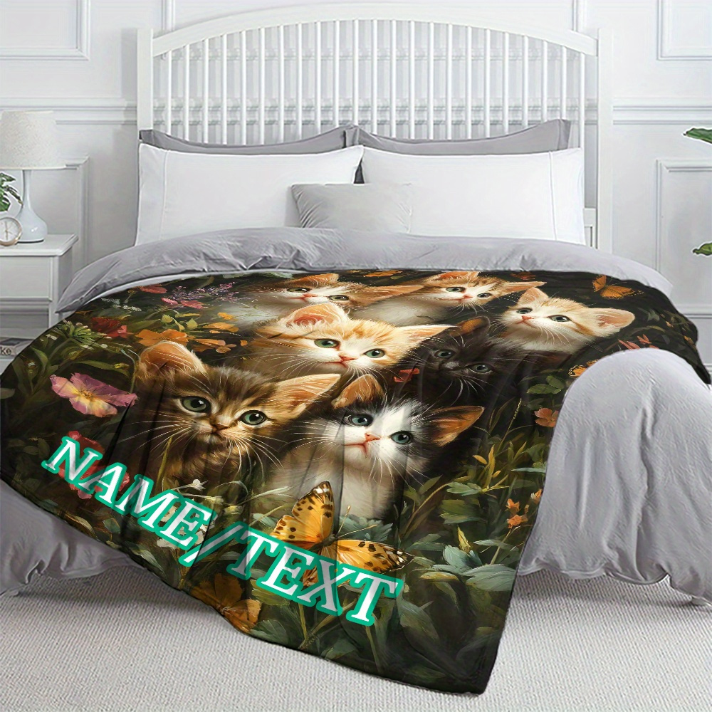 TEMU Couverture personnalisée 1pc avec nom et motif de chats mignons - Imprimé HD - Plaid en flanelle léger pour canapé, lit, voyage, salon, bureau,