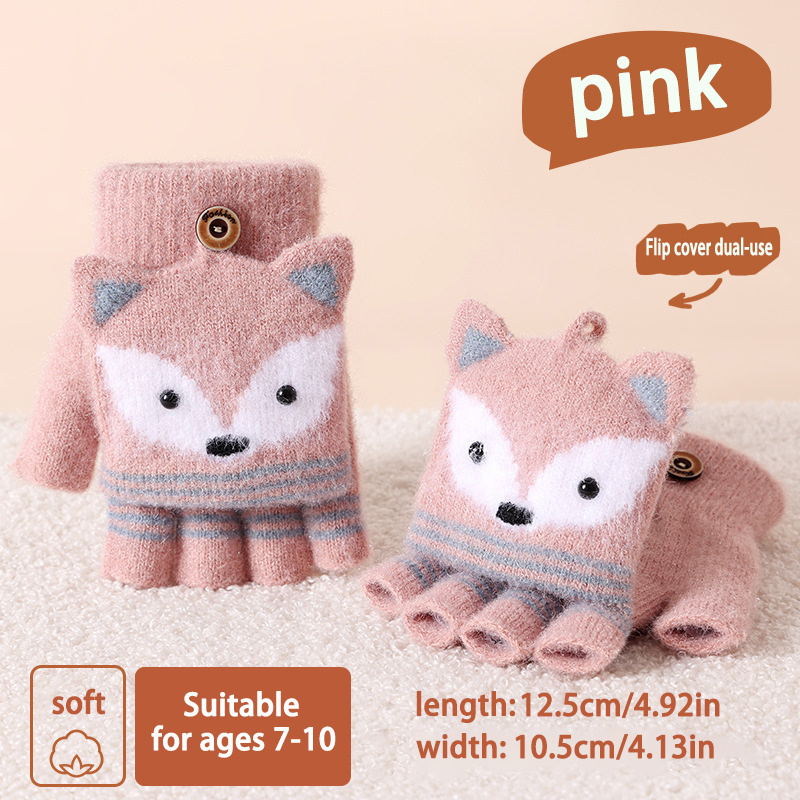 Winter Half-finger Flip-cover Cartoon Knit Warm Fleece Open-toe Cute Boy Girl Cold-proof Gloves