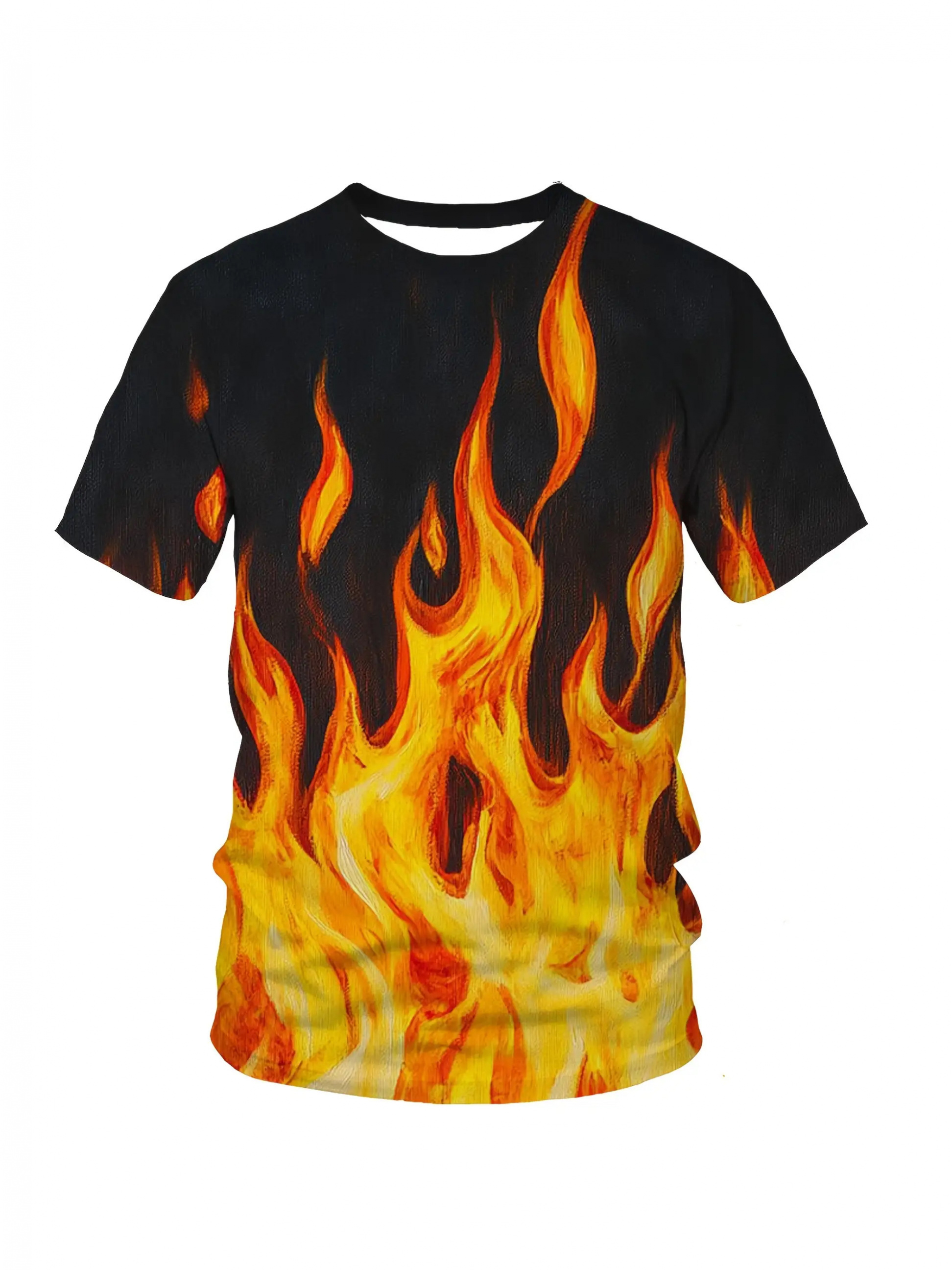 item picture mens   size 3d flame print t shirt black yellow   design with   pattern breathable polyester blend short sleeve crew neck machine washable   tee for summer outdoor activities casual wear ideal for parties everyday use themed events fire themed outfits comfortable plus size fit with vibrant 3d flame effect relaxed fit for men