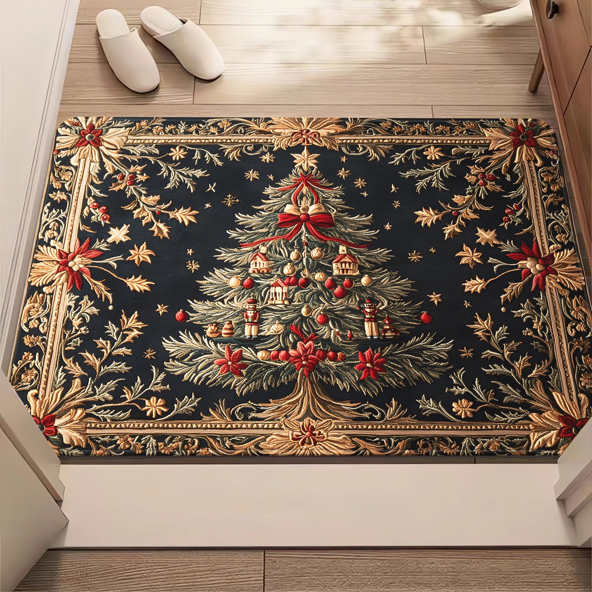 TEMU 1pc Christmas Scene Design Doormats 700gsm, Non-slip Bathroom Floor Mat, Microfiber Absorbent Machine Washable Polyester Rug For Bedroom, Living