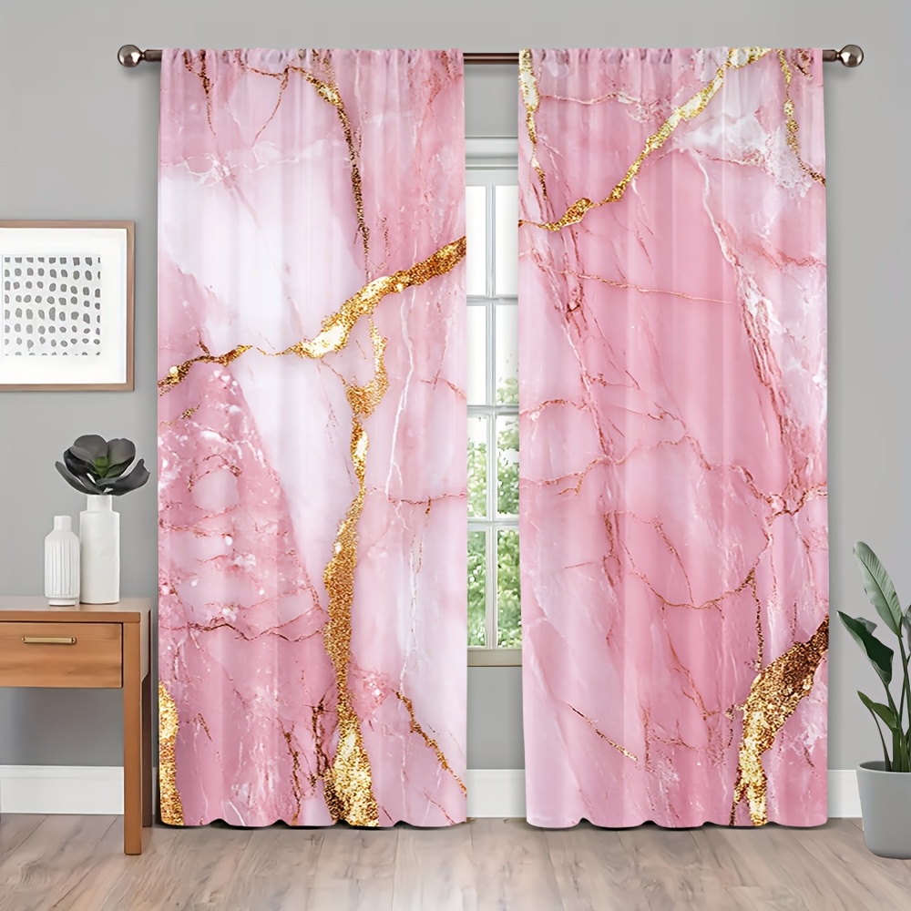 TEMU 2d Flat, 2d Flat Design, 2pcs Pink Marble Pattern With Golden Veins Curtains- Pastoral Style Rod , , Made Of Durable Polyester Fiber Material,