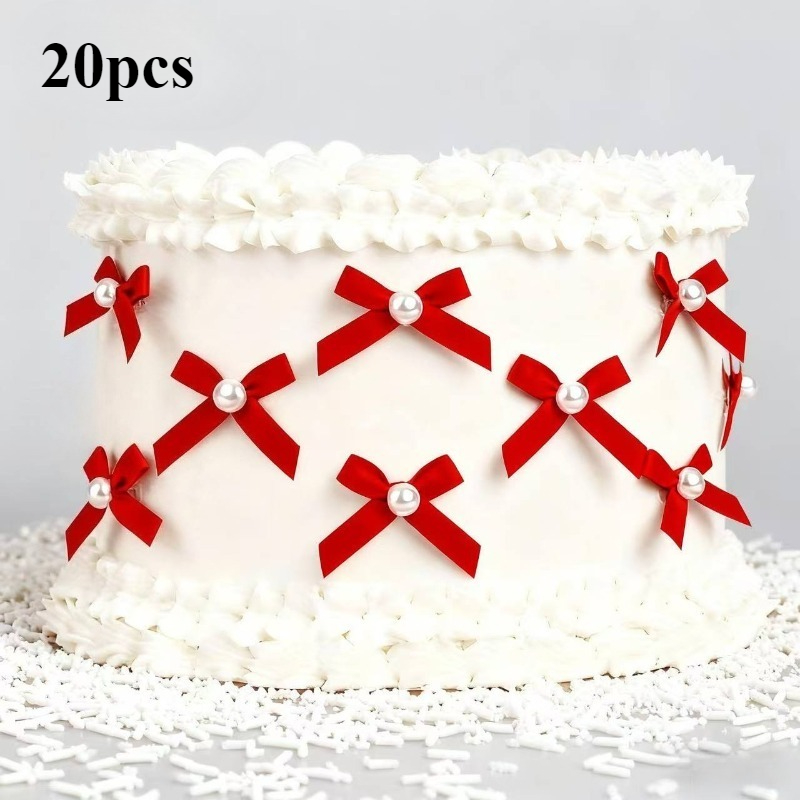 Image of 20pcs Of Red Cake Decoration, Birthday Cake Decoration Bow, Wedding Cake Decoration Cake Birthday, Valentine's Day Birthday Bow Decoration, Graduation Party, Christmas, New Year's Party