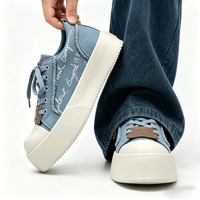 New Men's Vintage Denim Platform Shoes with Wide Toe Box