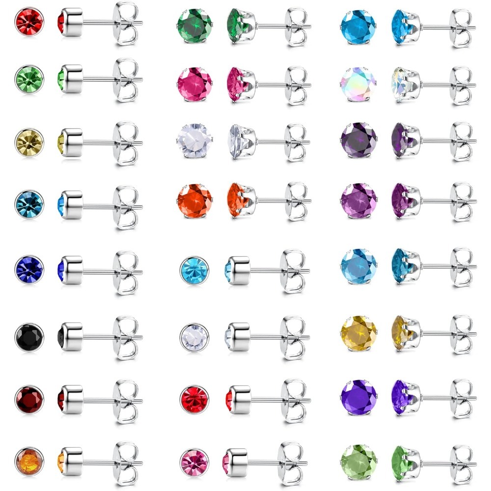 Image of 24 Pairs Stainless Steel Cz Stud Earrings Set, Multicoloured, Women's Colourful Earrings Plugs, Hypoallergenic Coloured Earrings Set, Helix Piercing Cartilage Earrings For Women Men