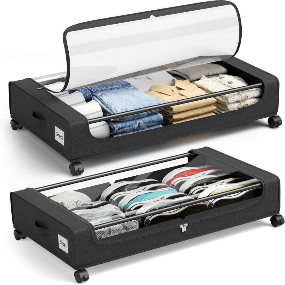 2pcs Large Capacity Storage Bins With Smooth 360° Casters, Storage Boxes, Wear Resistant Household Organizers For Storing Garments, Footwear, Quilts And Daily Household Items, Trunks