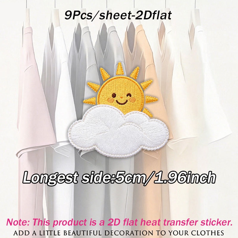 TEMU 9pcs/sheet Sunshine Through Heat Transfer Stickers Are Suitable For Flat Fabrics Such , Hats, Canvas Bags, Throw Pillows, Leather, Bed Sheets,