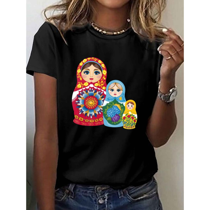 

Women's Traditional Dolls Print T-shirt, Casual Crew Neck Short Sleeve Top, Polyester Knit Fabric, Geometric Pattern, Wear