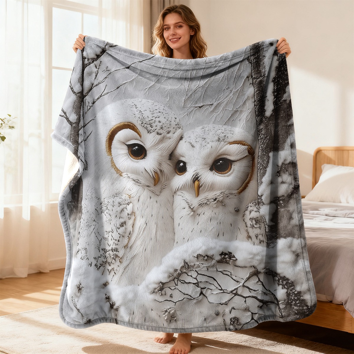 TEMU Plush Blanket, Flannel Snowy Owl Print, 2d Digital Heat Transfer, Bed Blanket, Dual Use For Sofa, Travel, And Camping, Machine Washable, 230g