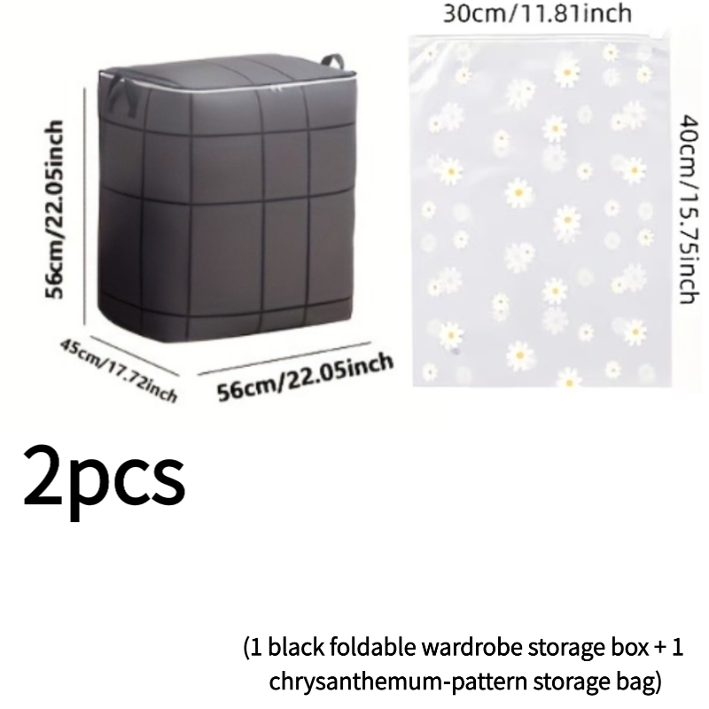 TEMU 2pcs Set(1 Black Foldable Wardrobe Storage Box+ 1 Chrysanthemum Pattern Storage Bag), Stackable Large Capacity Storage Bins, Space Saving