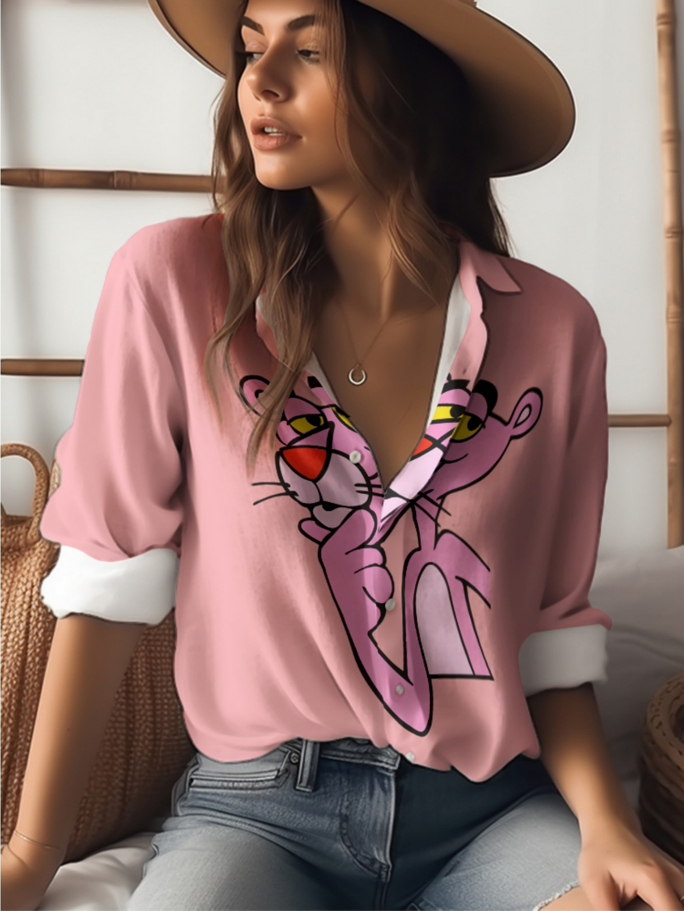 women's casual long sleeve shirt cute cat print soft pink Temu