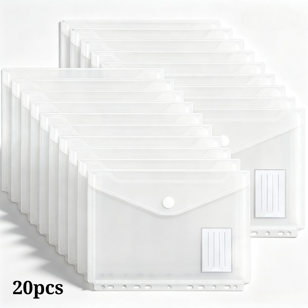TEMU ARXR Paquete de 20 Fundas Transparentes de 11 Agujeros para Archivos, Bolsas de Plástico con Cierre de Botón a Presión y Ranura para Etiqueta,