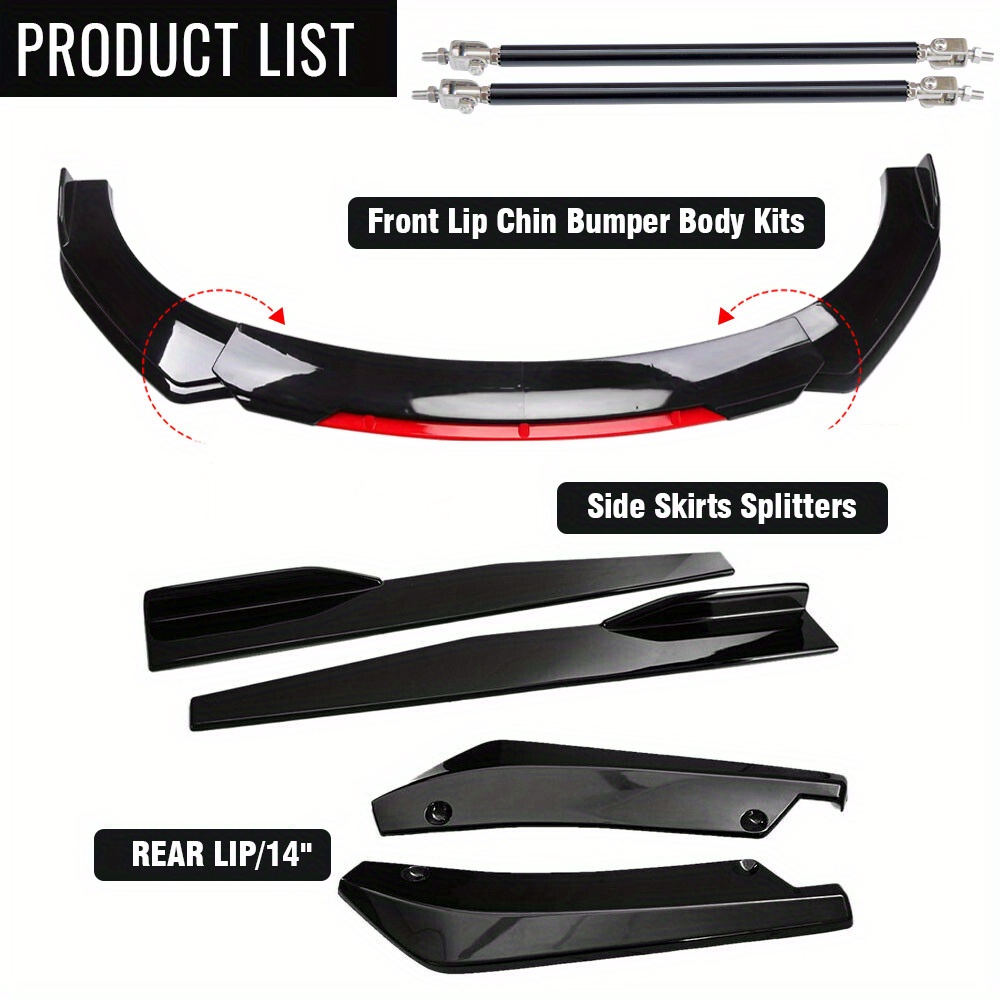 TEMU For Ford For Mustang Front Bumper Lip Lower Chin Spoiler Splitter Body Kit + Side Skirt + Rear Lip + Strut Rods