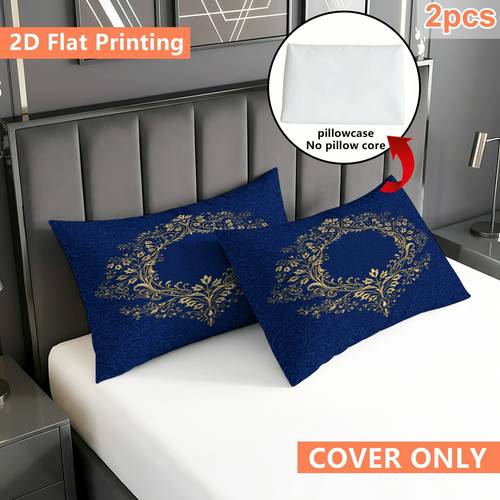 öğe resmi 2d düz 2li altın çiçekli i̇şlemeli yuvarlak çerçeveli mavi damask baskılı yastık kılıfları, (yastık i̇çi dolgusu dahil değildir), ev dekorasyonu i̇çin mükemmel, yastık i̇çi dolgusu dahil değildir, yatak & kanepe i̇çin dekoratif yastık kılıfları, yatak odası