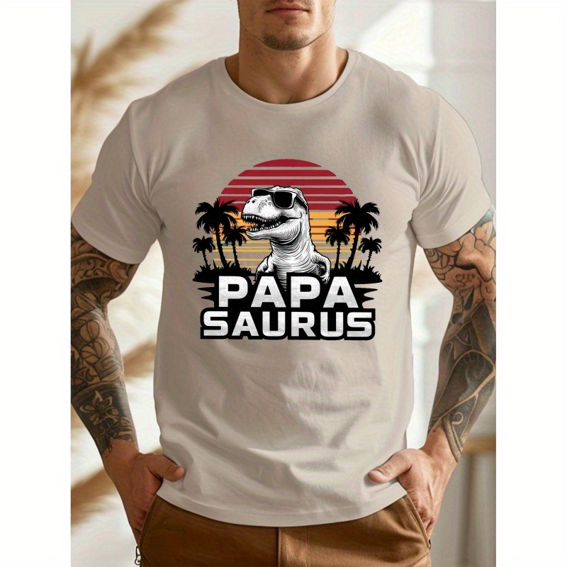 

1pc Papa Dinosaur Print T-shirt, Men's Casual Crew Neck Short Sleeve Tee, Polyester Knit Fabric With Stretch, Geometric Pattern, Regular Fit, Summer Top