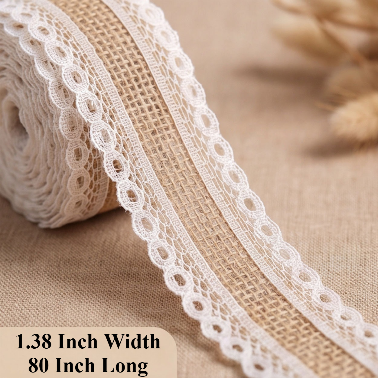 TEMU 1 Rollo de Cinta de Lino y Encaje, Cinta de Tela de Lino de 80 Pulgadas, Adorno de Lino para Boda, Decoración del Hogar, Envoltura de Regalos y