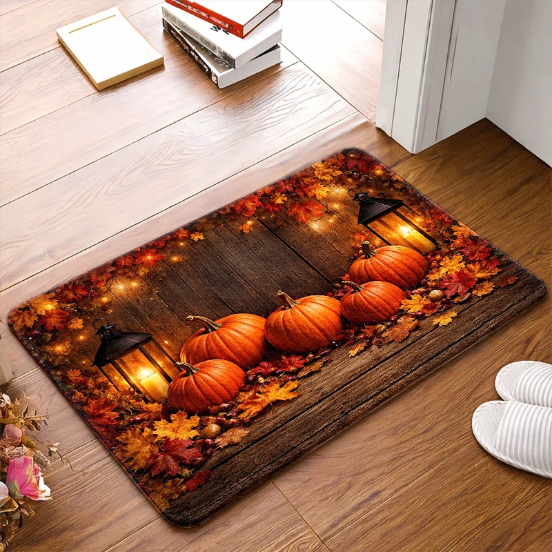 TEMU 2d Flat 1pc Autumn Pumpkin Maple Leaf Retro Wooden Board Doormat Lantern Candle Atmosphere Pattern High Definition Print Entrance Mat Suitable
