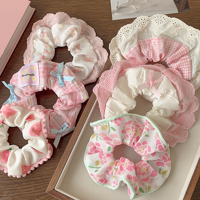 TEMU 6pcs Set Of Pink Sweet And Cute Bow Lace Versatile Hair Ties Hair Additions