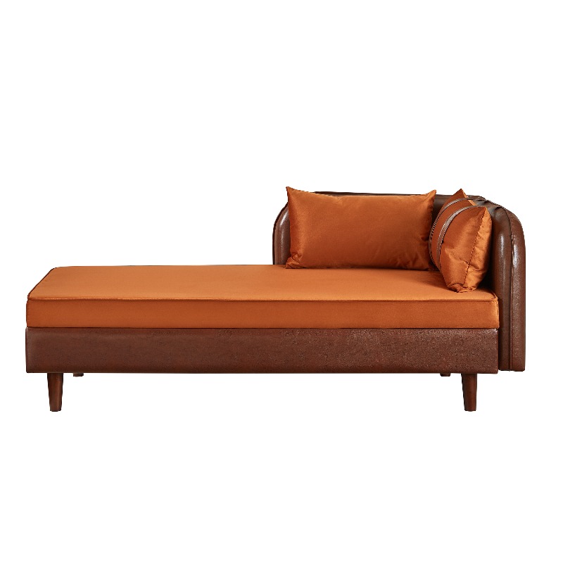 65-Inch Storage Chaise Lounge Sofa in Brown PU And Orange Velvet