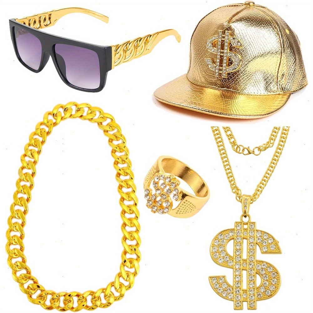 TEMU 5pcs 80s 90s Dollar Sign Hip Hop Additions Kit Hat, Sunglasses, Fake Golden Chains And Ring For Men Women, Rapper Costume Jewelry Set