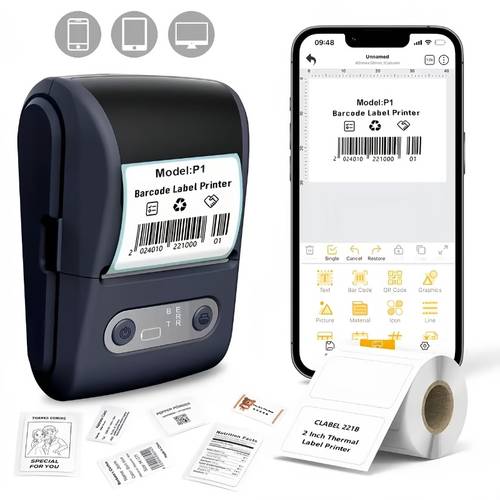objektbild mini trÄdlös termisk etikett re, en kompakt enhet som kan ut streckkoder och klistermÀrken, för kontorsbruk, detaljhandel, smyckesetiketter, klistermÀrken, hemetiketter, och kompatibel med smartphones, usb uppladdningsbar
