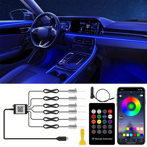 2025 new interior car led lights with wireless app rf remote control rgb 6 in 1 ambient lighting kit with 315 inches fiber optic 16 million color neon strip inside sync to music car decorations additions