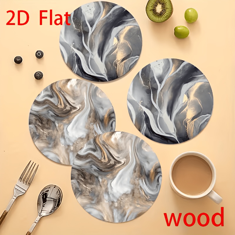 TEMU Sets de 4 nappes plates 2D en bois avec motif - Combinaison de couleurs noir, et doré, 15 cm x 15 cm, nappes de table durables avec isolation