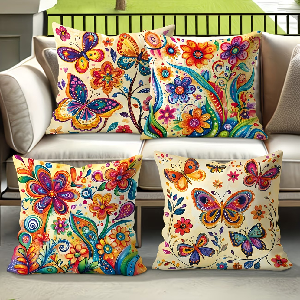 TEMU 4pcs Flower Outdoor Pillow Cover, Bohemian Orange Beige Red Linen Pillowcase, Suitable For Balcony, Garden, Terrace Furniture, Tent, Swing, Deep