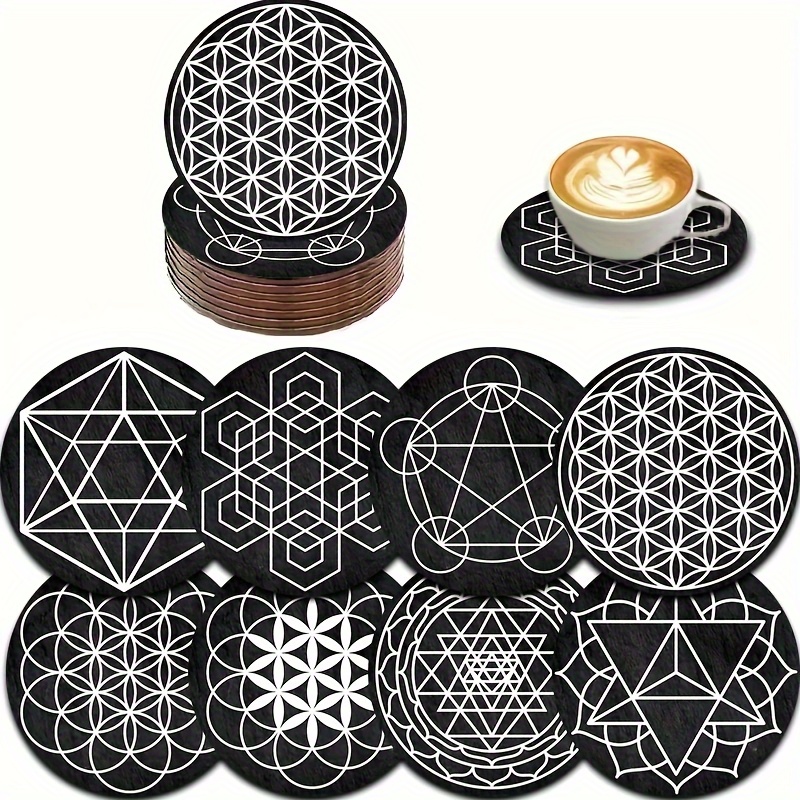 TEMU 8pcs Flower Of Life Geometry Coasters - Wood Suitable For Home & Restaurant Use, Wood Cup Holders With Symbols, Table Protectors For Coffee Tea