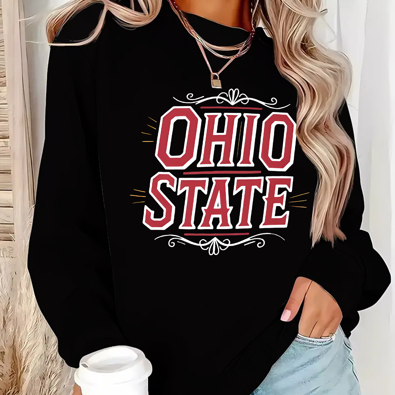 

Ohio State Women's Sweatshirt, Elegant Crew Neck Pullover, Long Sleeve Fleece Top, Casual Sportswear, Polyester 100%, Slight Stretch, All Season, Alphabet Pattern, 220gsm Knit Fabric