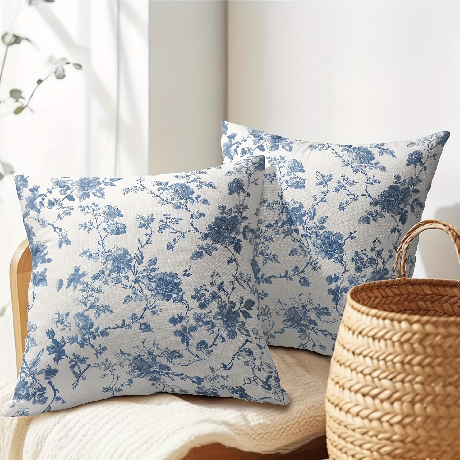 TEMU Linen Pillow Case 50% Cotton + 50% Polyester Blue Floral Pillow Covers Chinoiserie Flower Outdoor Decorative Throw Pillows Vintage Rustic Pillowcases For Couch Indoor Outdoor Home Decor
