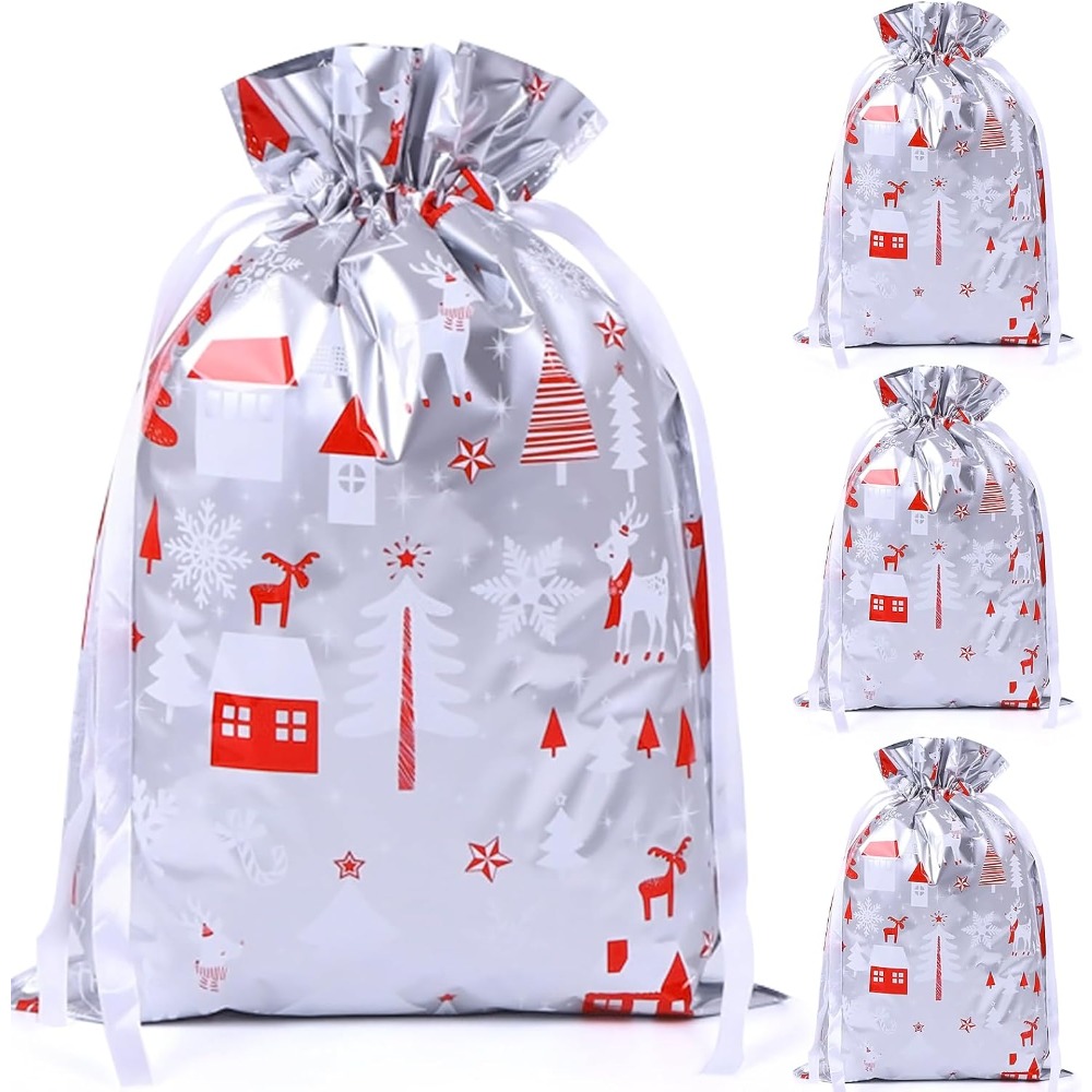 TEMU 4-pack Reusable Gift Bags, 29 X 42cm Silver And Red Drawstring 39 X 51cm Blue Multipack For Presents And Christmas Party