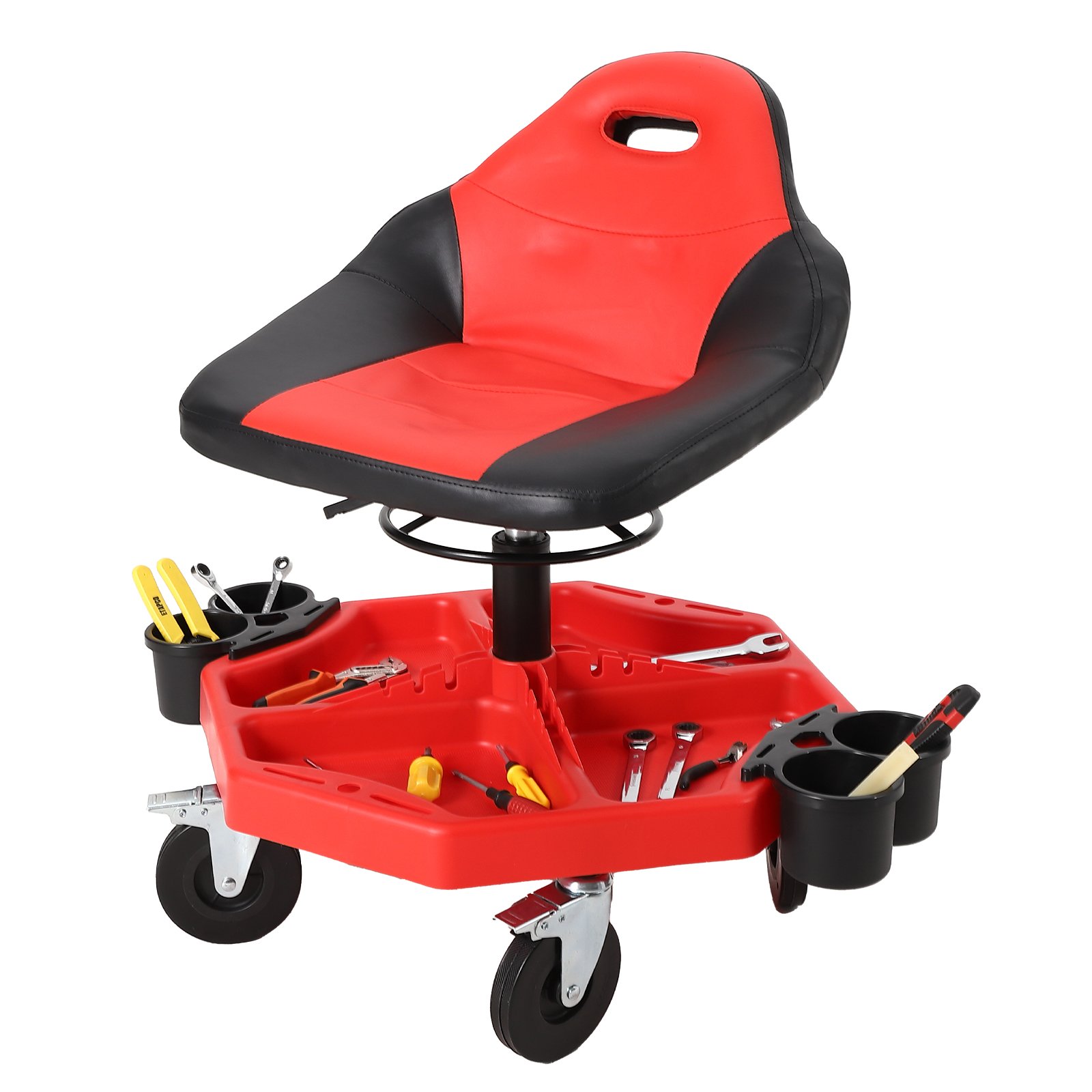Rolling Garage Stool With Padded Seat, Adjustable Height Utility Tray, Lockable 360 Degree Wheels
