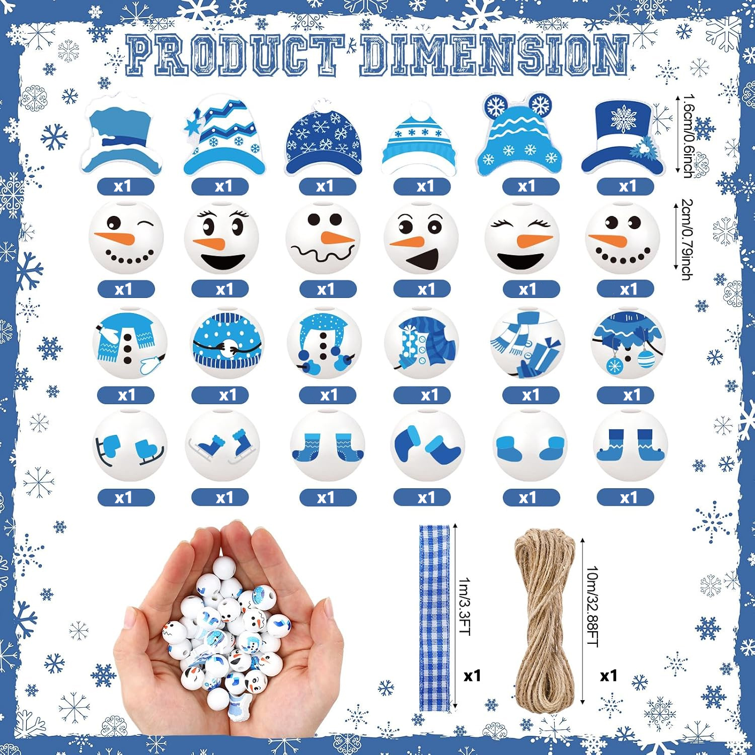 TEMU 26pcs Perles en bois de Noël avec ficelle, décorations de guirlande de de neige, 6 styles de personnages, une corde de jute et un ruban à