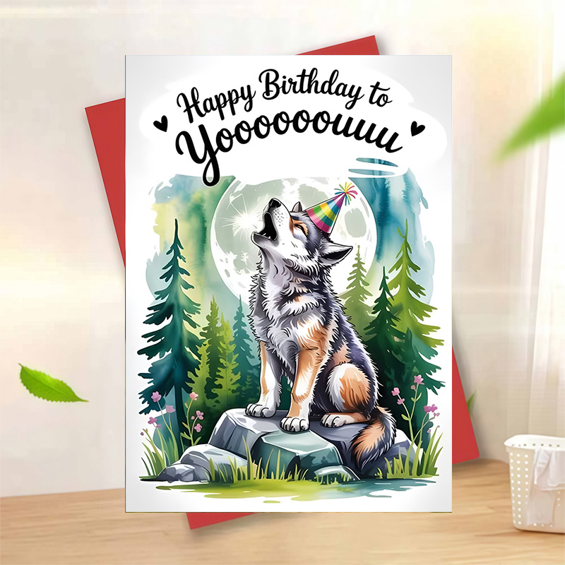 1pc "happy Birthday To Yooooooouuuu" Wolf-themed Birthday Greeting Card With Envelope – Watercolor Forest And Wolf Design, Extended "you" Pun Message, Perfect For , , Versatile Card For Birthdays