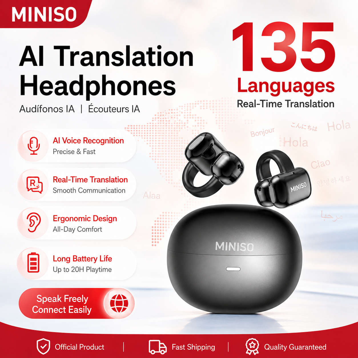 Image of Miniso Ms198 Open-ear Clip-on Bluetooth Translation Earbuds| New Unit Delivers 360-degree Panoramic Dynamic Sound| Intelligent Noise Cancellation Extracts For Face-to- Quality| Supports