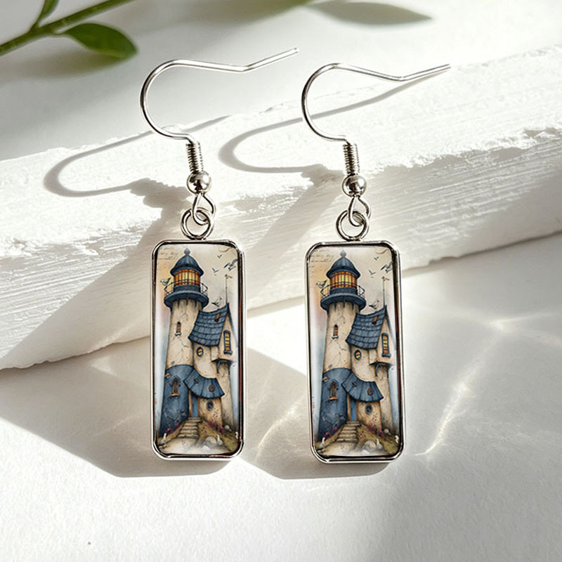 Women's Coastal Lighthouse Cottage Stainless Steel Drop Earrings