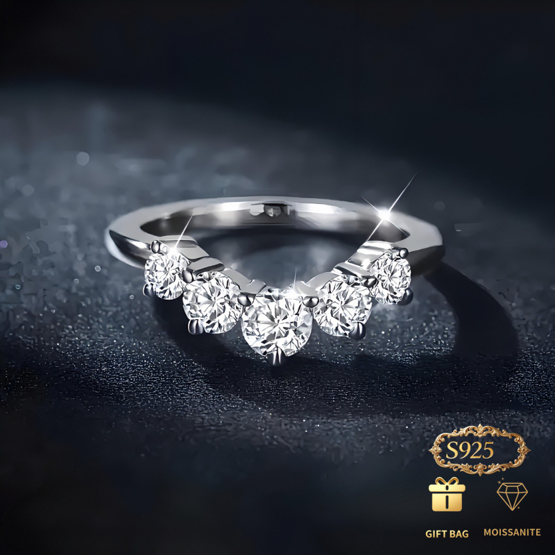 TEMU Five-stone Moissanite Ring, S925 Sterling Silvery Women's Wedding Ring, Prong-set Engagement Ring, Moissanite Anniversary Ring, Stackable