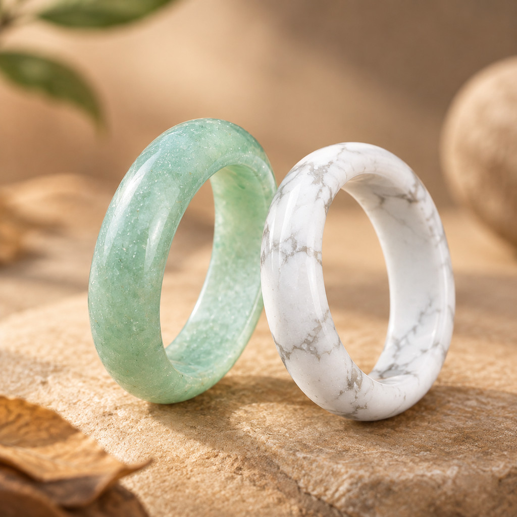 2pcs Green Aventurine & White Turquoise Band Ring Set