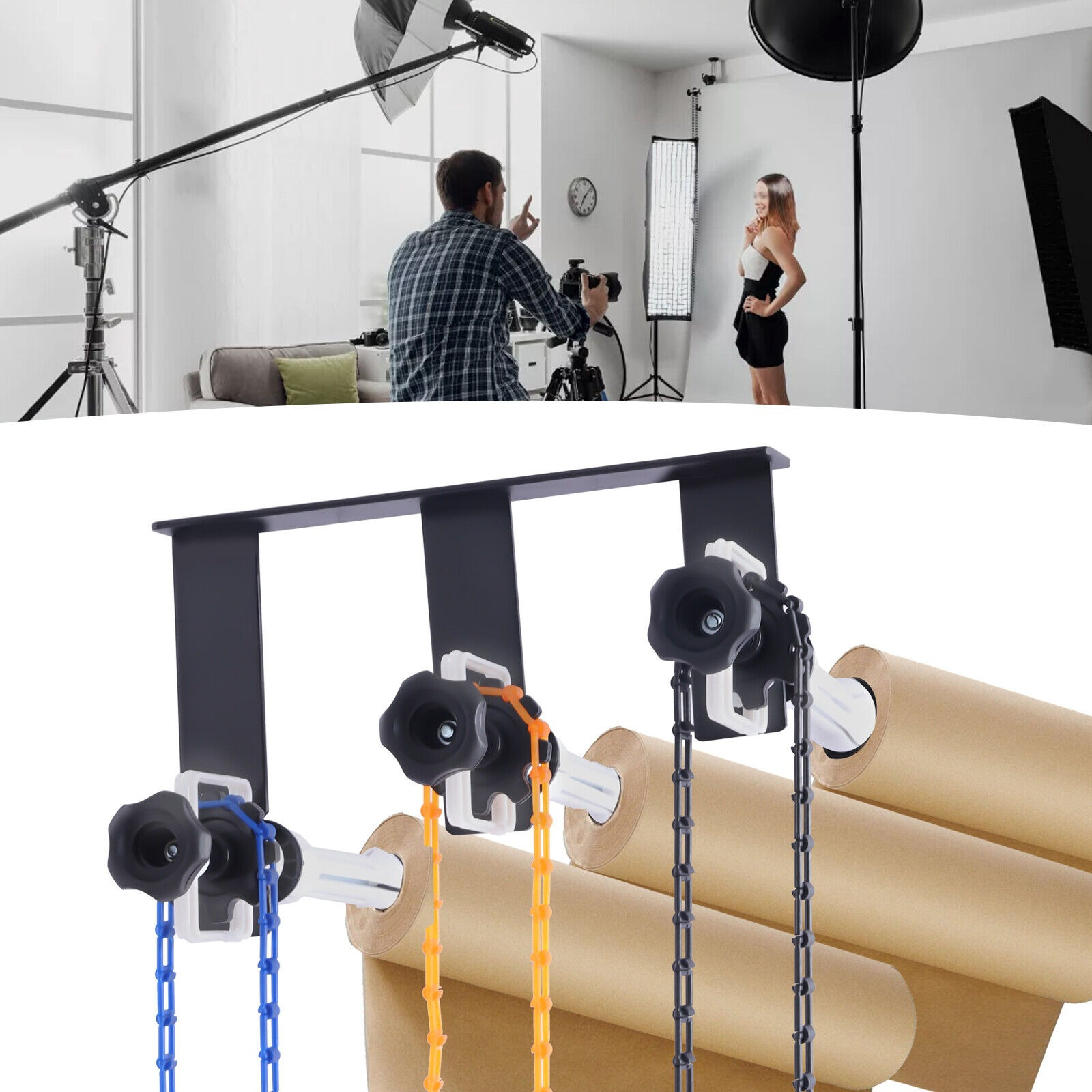 3 Roller Photography Wall Mounting Manual Background Support System Three-axis Hook Photography Backdrop Photo Background Support Stand With 3 Chains & 3 Expansion Sticks