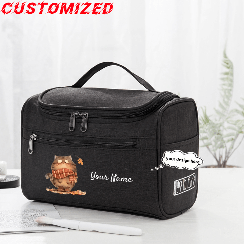TEMU Custom Cute Cat Toiletry Bag, Personalized Name Makeup Organizer, Cat Print Cosmetic Bag, Ideal Souvenir For Pet Lovers, Suitable For , Travel,