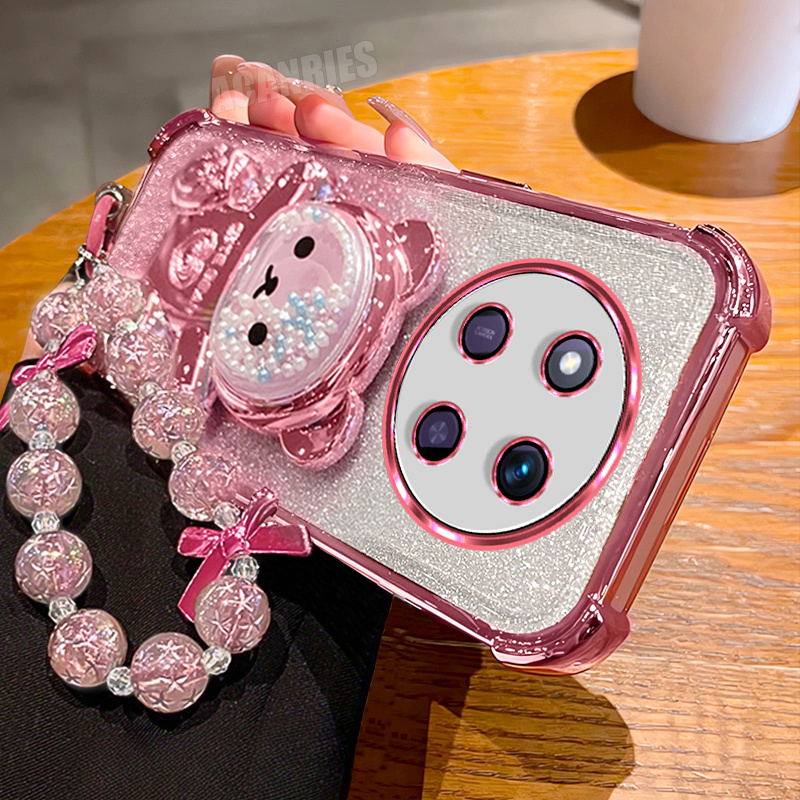 TEMU Phone Case: For Lite Luxury Plating Quicksand Bead Bear Folding Bracket Stand Holder Lanyard Wrist Strap Chain Gradient Glitter Shockproof Phone