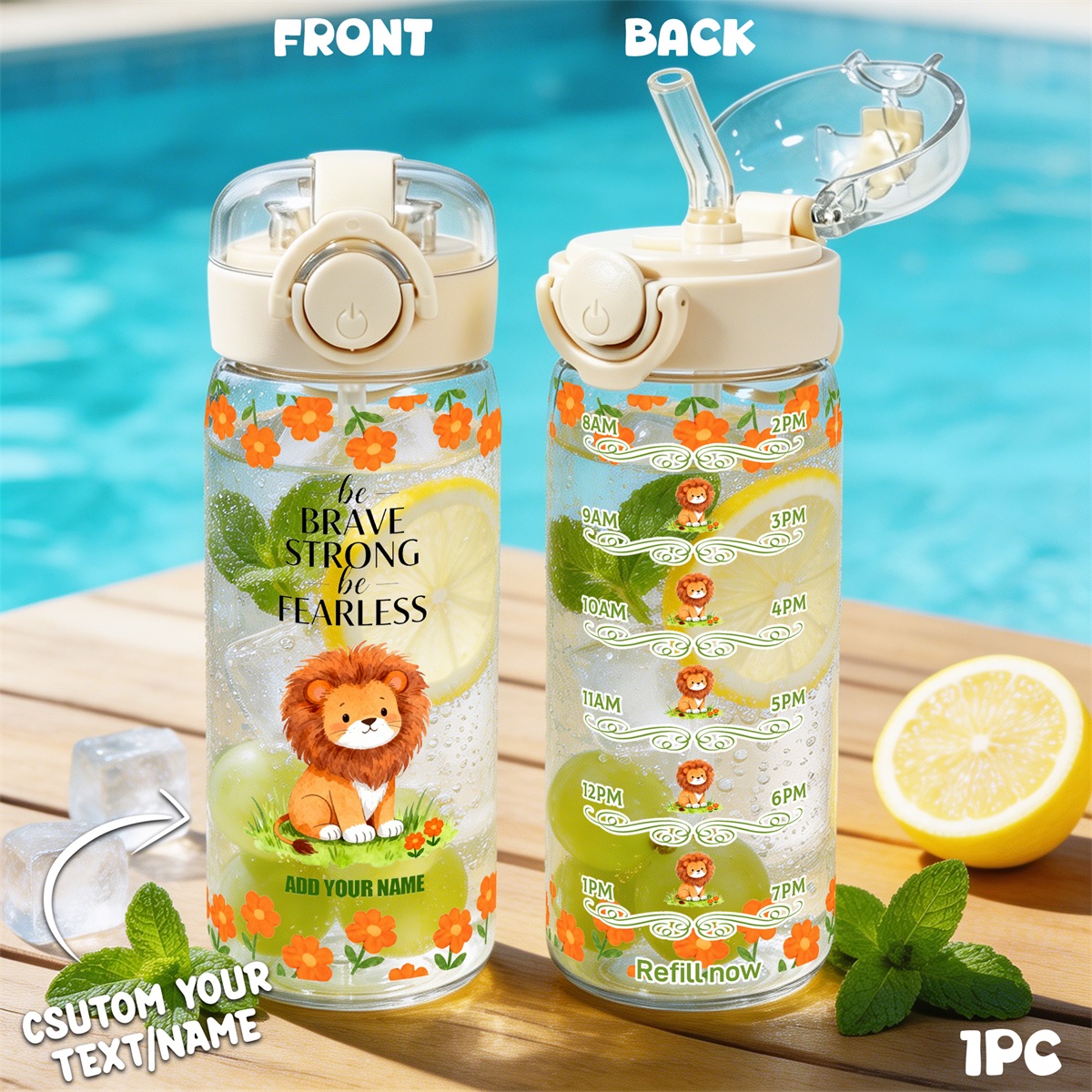 TEMU Bouteille d'eau lion personnalisée 1 pièce avec couvercle et nom/ personnalisé - Étanche, convient pour l'extérieur, , de sport, la randonnée -