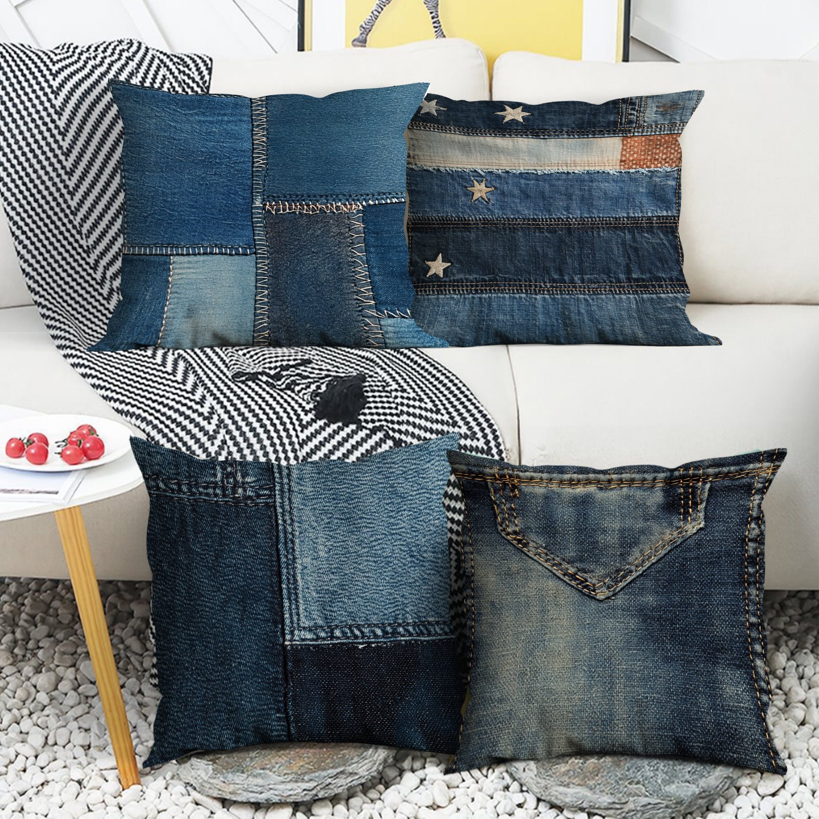 

A Set Of 4 Decorative Pillow Covers With Denim Fabric And Patterns, The Christmas Holiday. Cushions Not Included, Are Comfortable And Suitable For The Office, Bedroom, Balcony, Car, Sofa, And Patio.