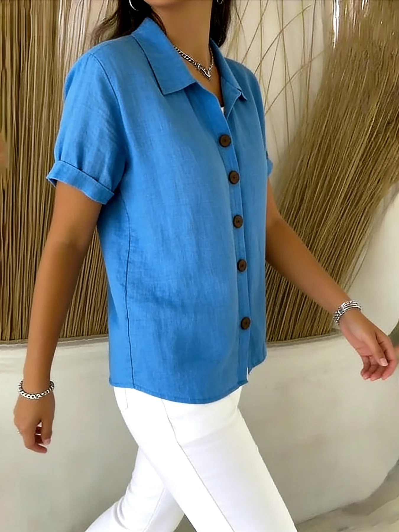 V Neck Collar Blouses - Button up Shirts for Women Short Sleeve Tops - Elegant Outfits Business Casual