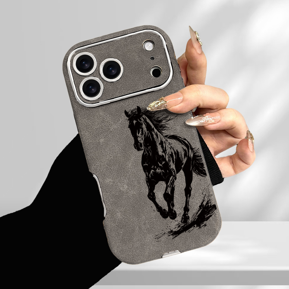 TEMU Phone Case - Equine Pattern Electroplated Faux Leather Trendy Retro New Anti-fall Phone Case And Cover For For Iphone 17promax 17pro 17air 17 16