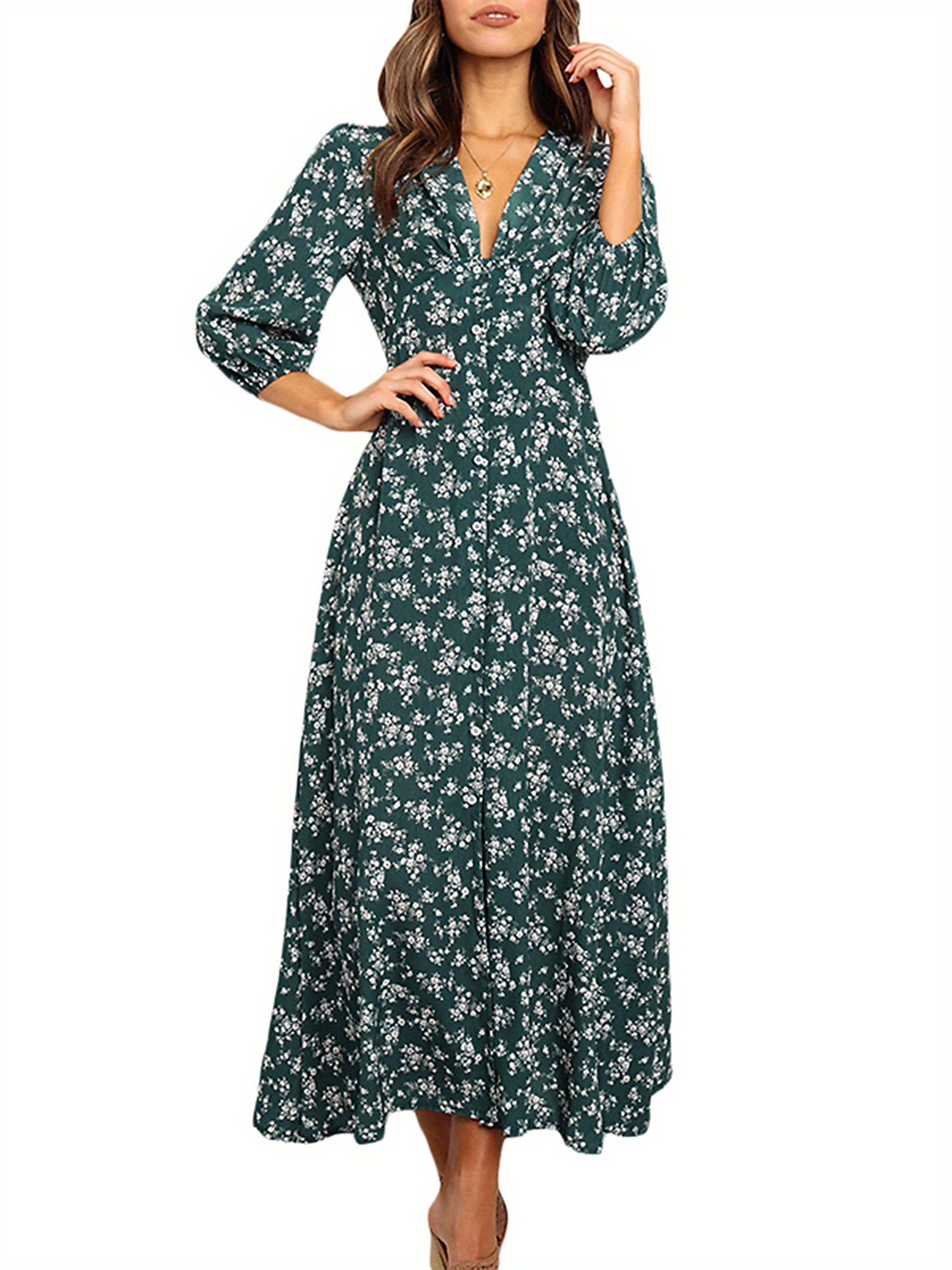 chinese dress ladies AQAYL Boho 3/4 Sleeve Dresses for Women Summer Floral Maxi Dress V Neck  Casual Sundresses Trendy Beach Vacation Outfits Blue at Amazon Women's  Clothing store main image 1