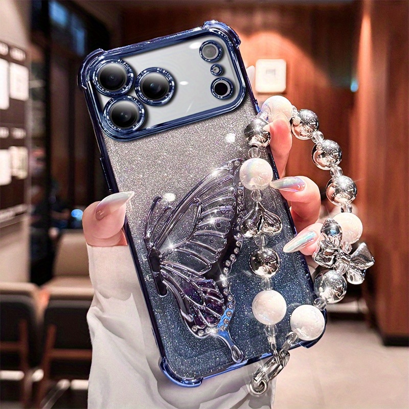 TEMU Phone Case - Quicksand Bracket Compatible With 17promax Phone Case Iphone 16 Transparent 15plus Protective Case 17air Glitter With Bracelet